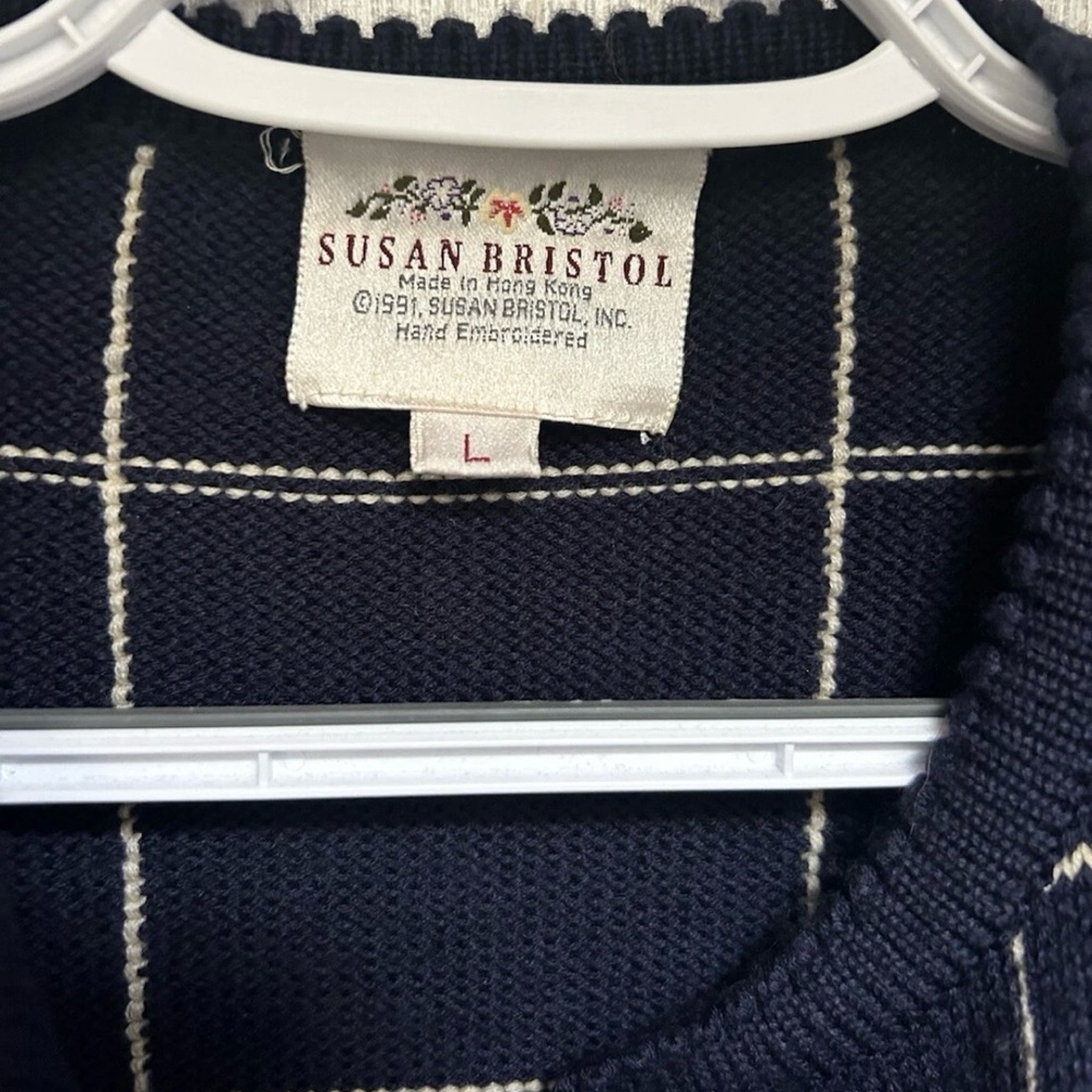 Susan Bristol Vintage Navy Striped Floral Embroidered Wool Blend Cardigan Preppy - Picture 4 of 7